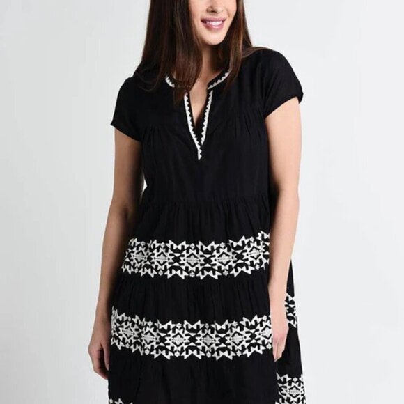 Roller Rabbit Black Embroidered Pamela 100% Cotton Tiered Mini Dress Size Small - Picture 1 of 13